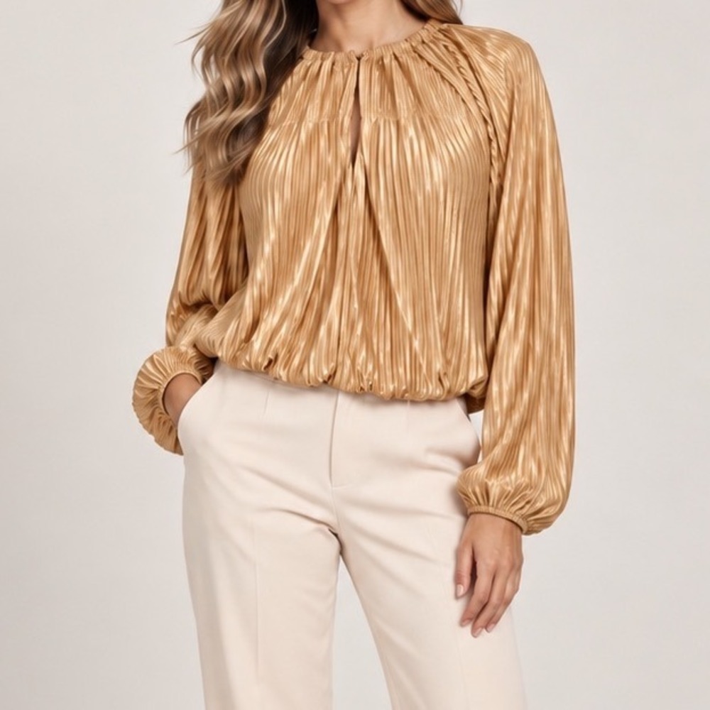 Ramy Brook Gold Pleated Metallic Blouse Long Sleeve Keyhole Top XS